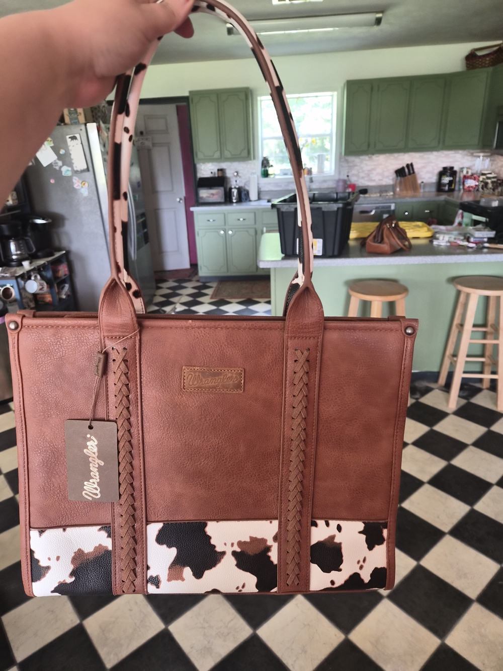 Wrangler Brown Tote with Black and White Cowhide Accent